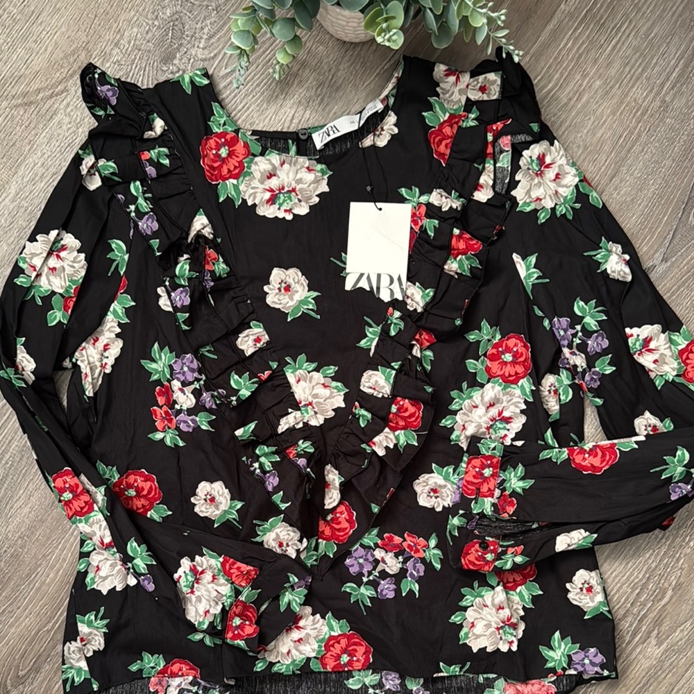 Zara Black Floral Ruffle Women's Top